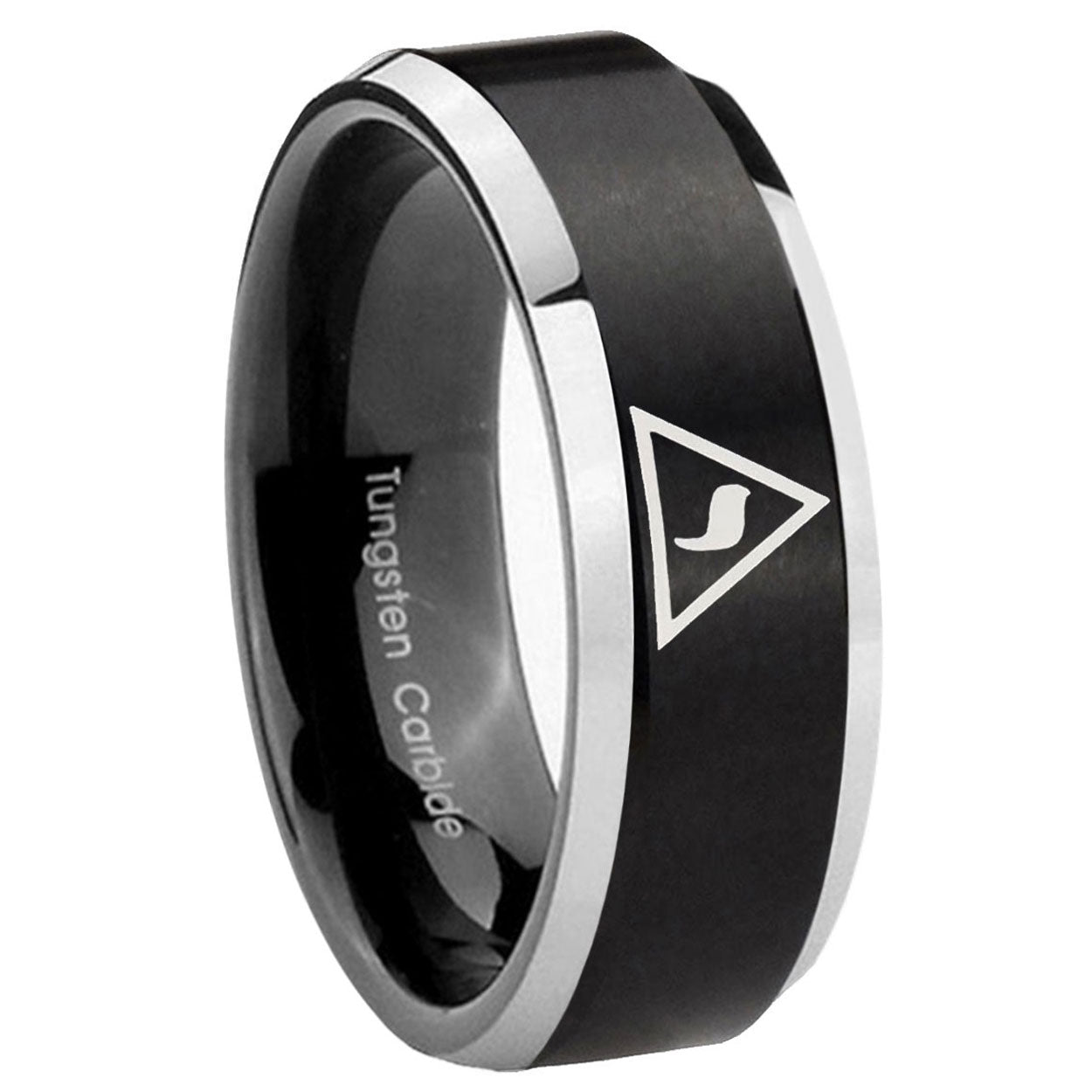 8MM Masonic Yod Beveled Two Tone Black Tungsten Promise Ring Guys