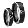 Masonic Yod Beveled Brush Black 2 Tone Tungsten Promise Ring Set
