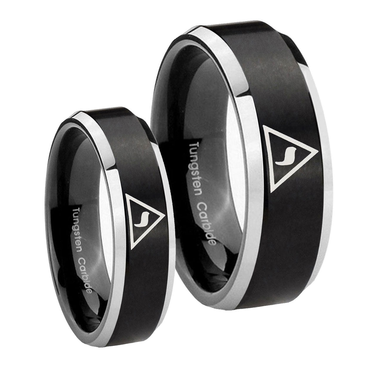 Masonic Yod Beveled Brush Black 2 Tone Tungsten Promise Ring Set