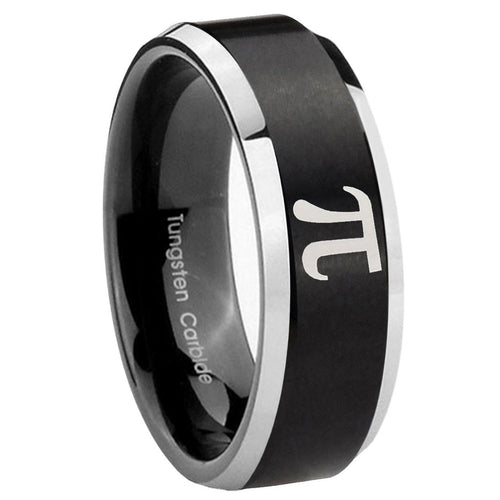 10mm Math Pi Beveled Edges Brush Black 2 Tone Tungsten Carbide Men's Bands Ring
