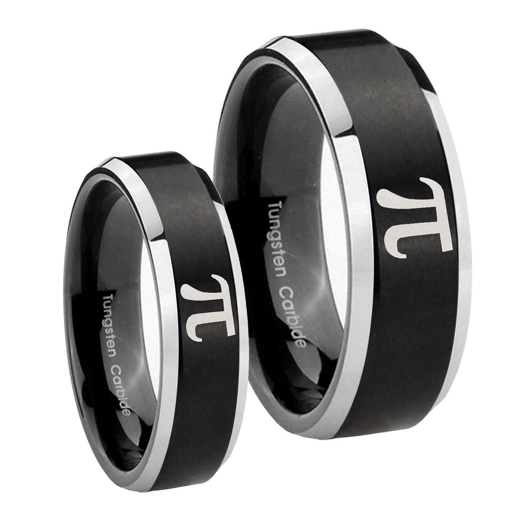 Math Pi Beveled Edges Brush Black 2 Tone Tungsten Bridal Band Set