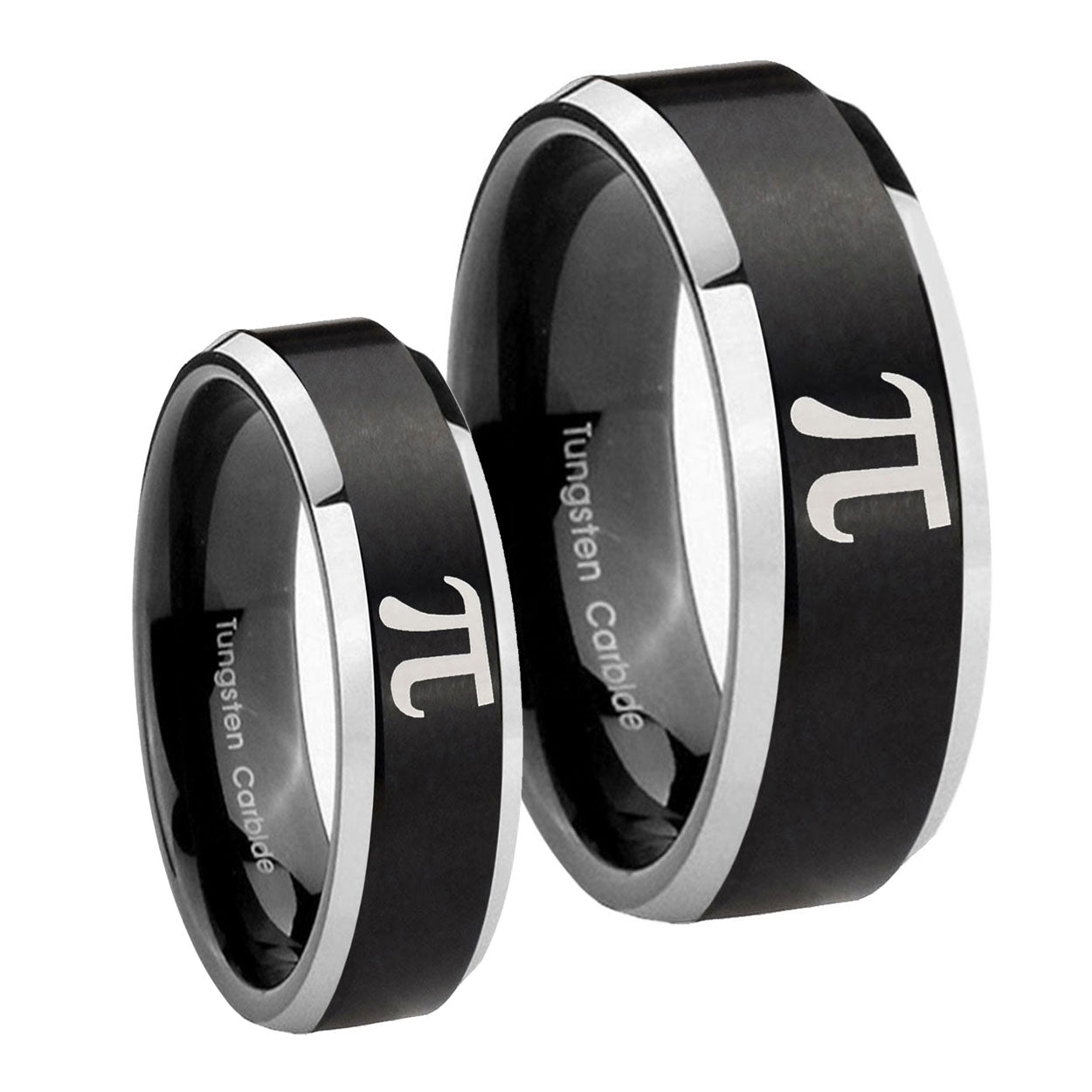 Math Pi Beveled Edges Brush Black 2 Tone Tungsten Bridal Band Set