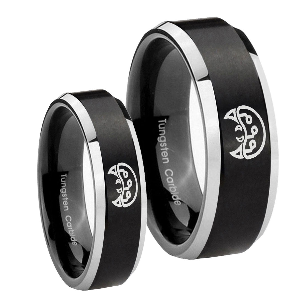 Metroid Beveled Edges Brush Black 2 Tone Tungsten His And Hers Ring