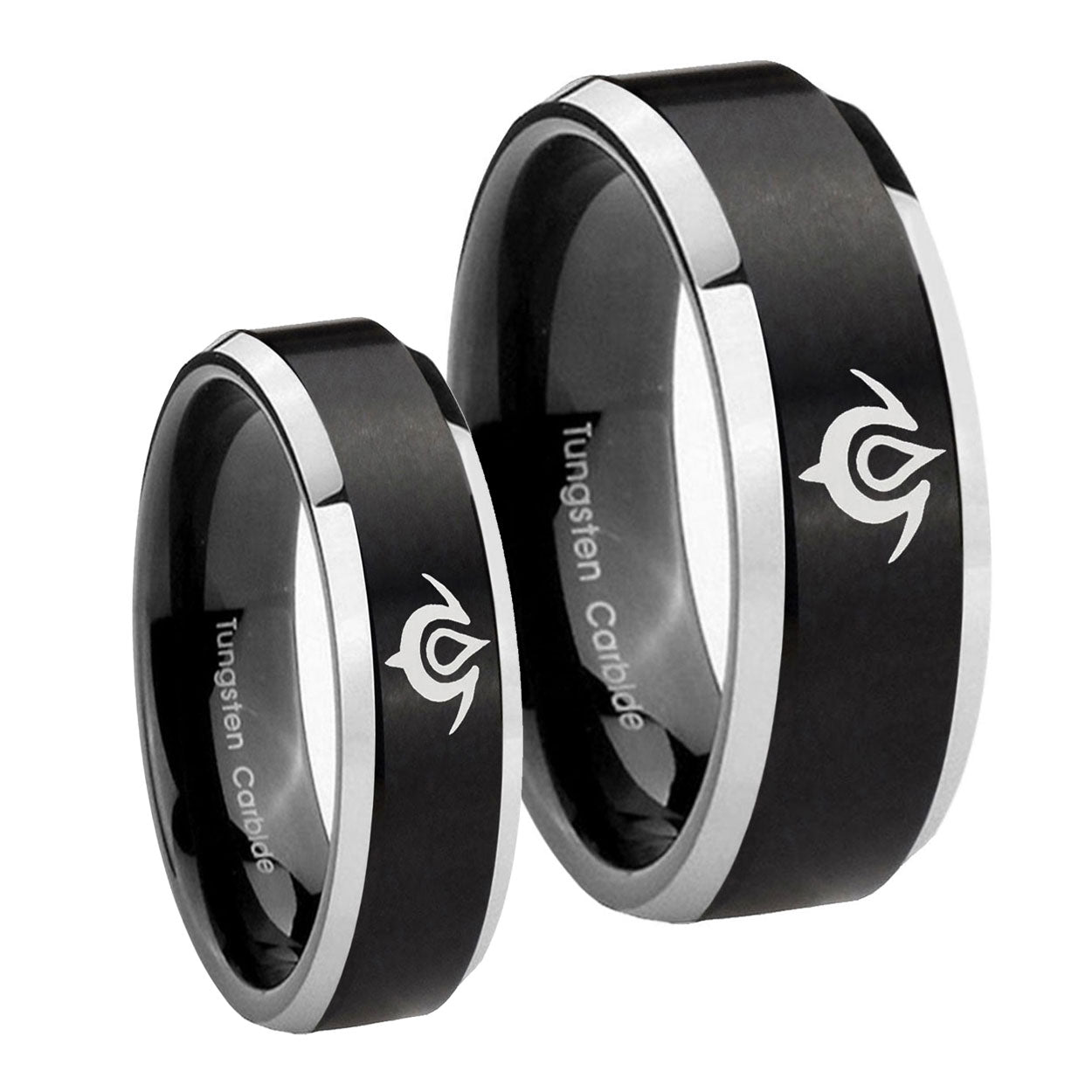 Naga Beveled Edges Brush Black 2 Tone Tungsten Wedding Ring Set