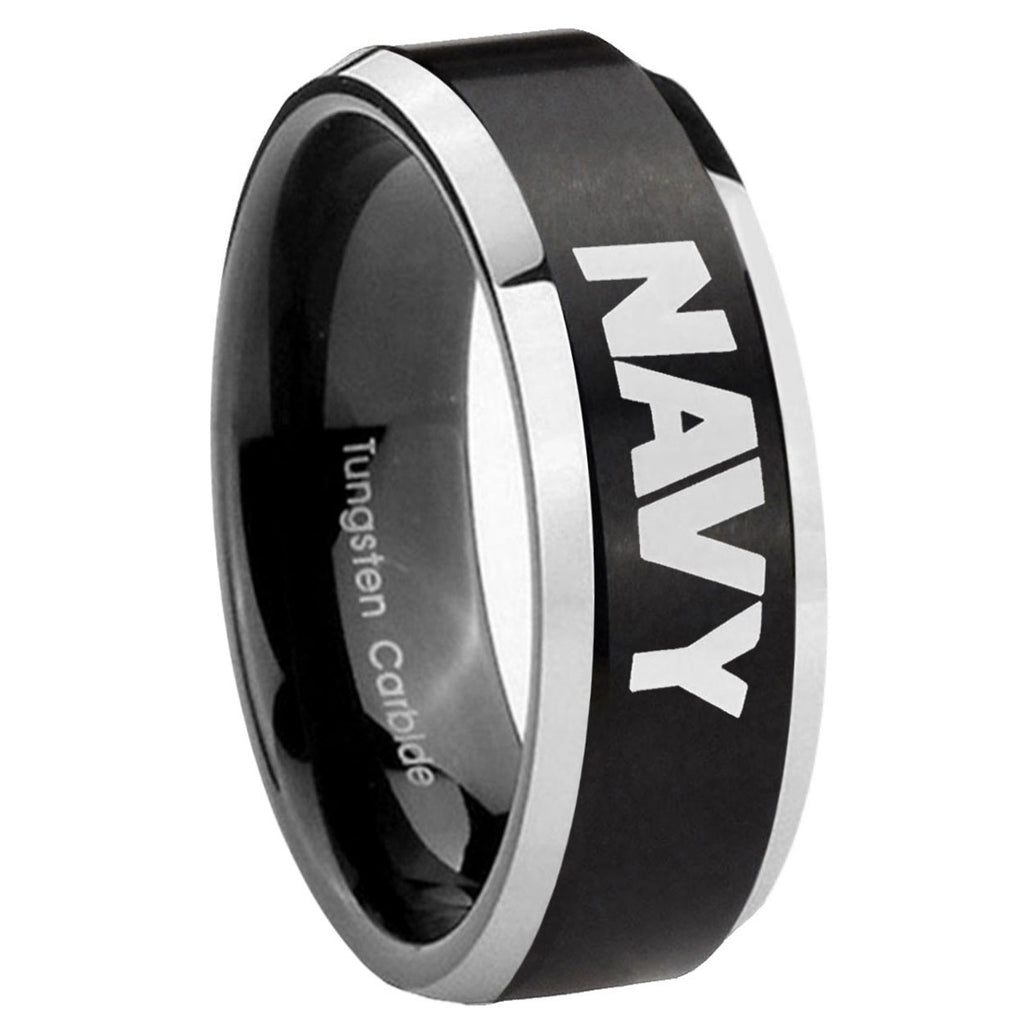 10mm Navy Beveled Edges Brush Black 2 Tone Tungsten Carbide Mens Promise Ring