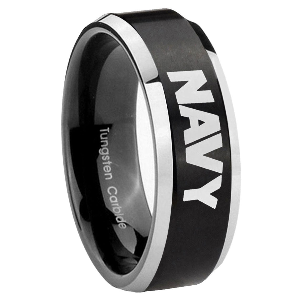 10mm Navy Beveled Edges Brush Black 2 Tone Tungsten Carbide Mens Promise Ring