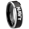 8MM Navy Beveled Two Tone Black Tungsten Wedding Band