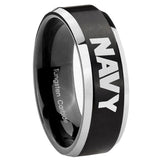 8mm Navy Beveled Edges Brush Black 2 Tone Tungsten Carbide Mens Wedding Ring