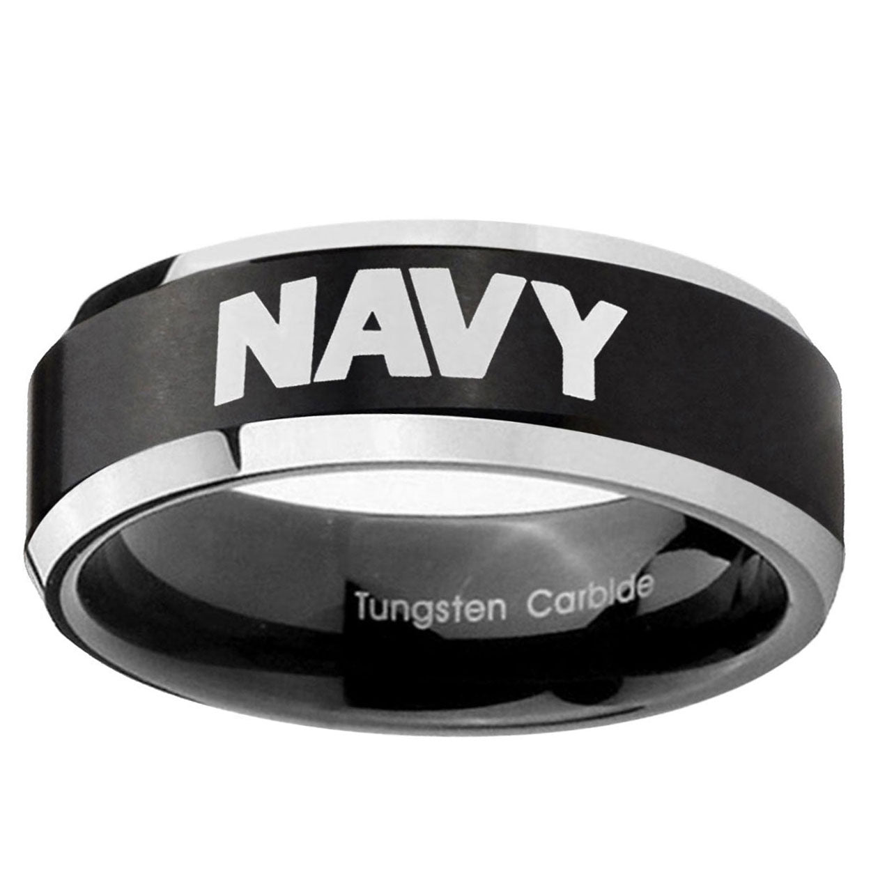 10mm Navy Beveled Edge Brush Black 2 Tone Tungsten Ring