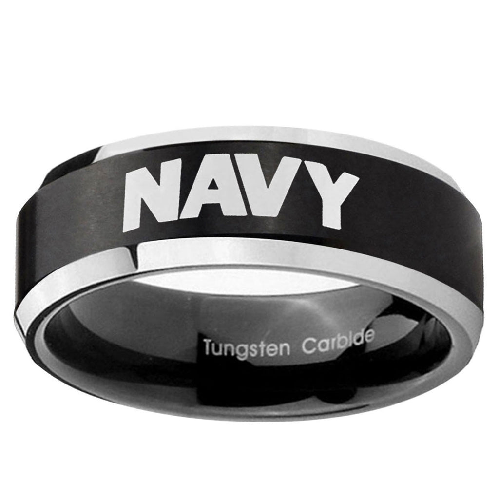5MM Navy Beveled Two Tone Black Tungsten Wedding Band