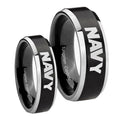 Navy Beveled Edges Brush Black 2 Tone Tungsten Couple Rings