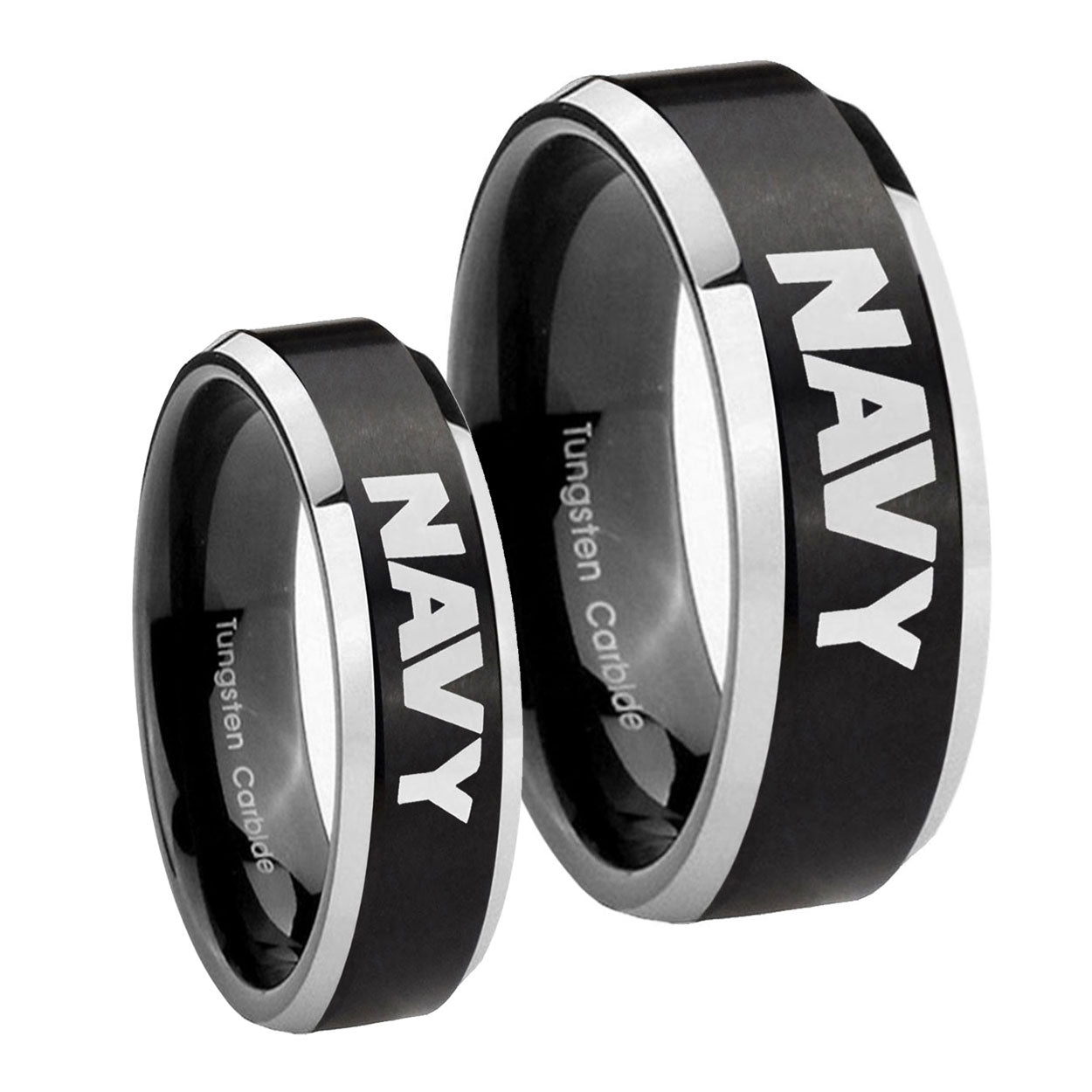 Navy Beveled Edges Brush Black 2 Tone Tungsten Couple Rings