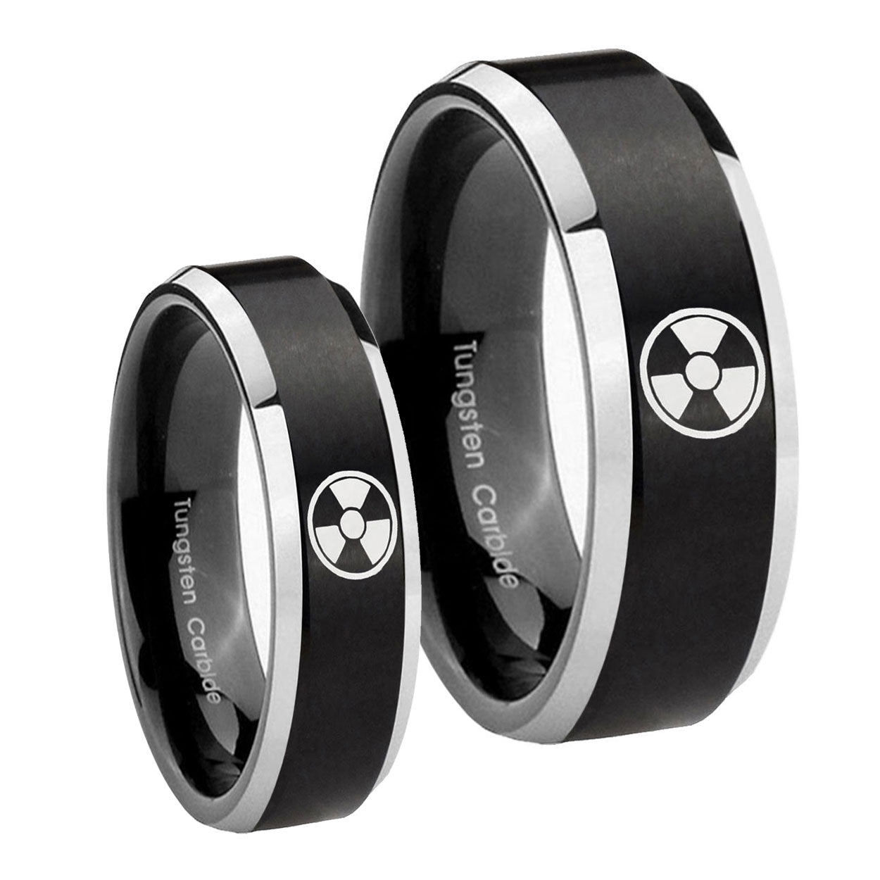 Radiation Beveled Edges Brush Black 2 Tone Tungsten Couple Wedding Rings
