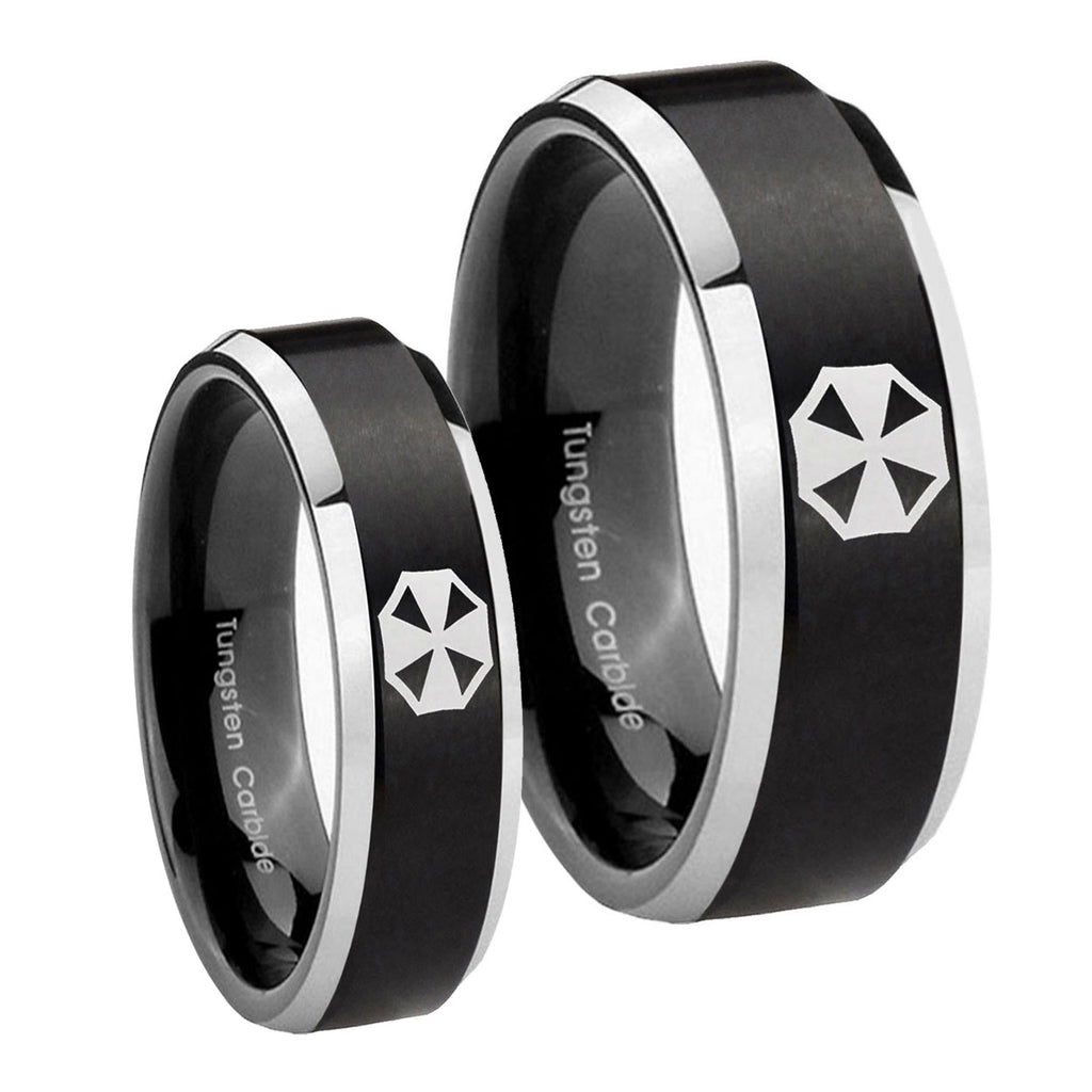 Resident Evil Beveled Brush Black 2 Tone Tungsten Engagement Ring Set