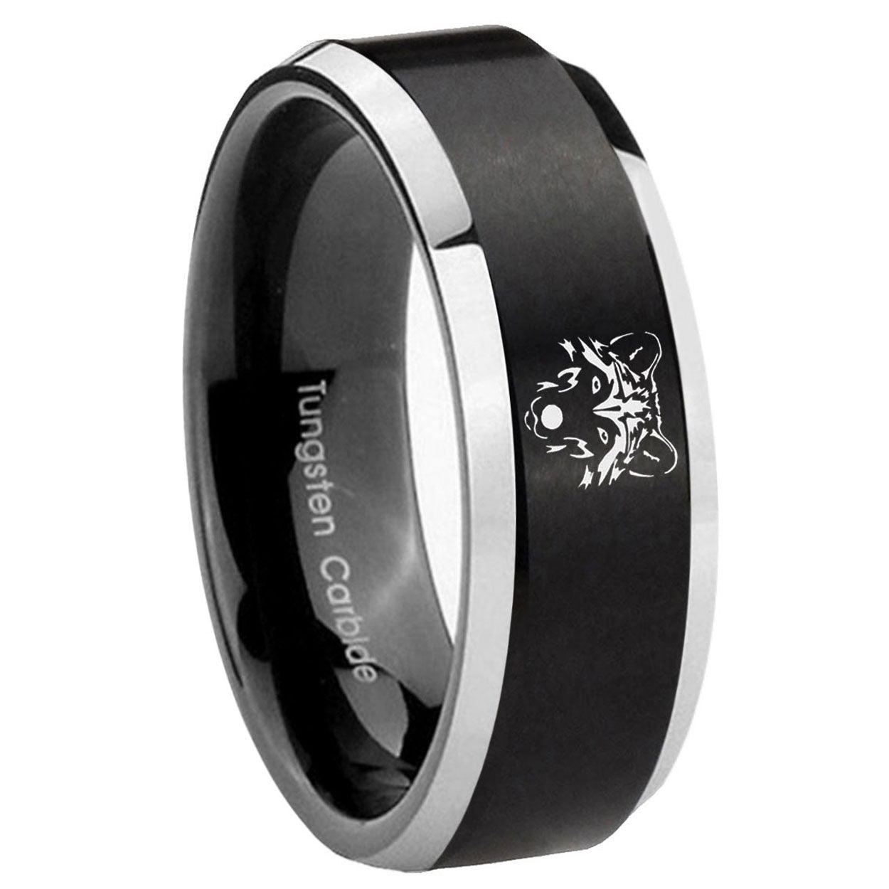 8MM Wolf Beveled Two Tone Black Tungsten Mens Wedding Band