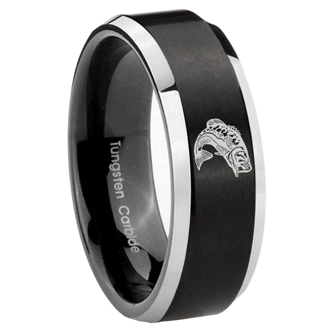10mm Fishing Beveled Brush Black 2 Tone Tungsten Mens Ring Engraved