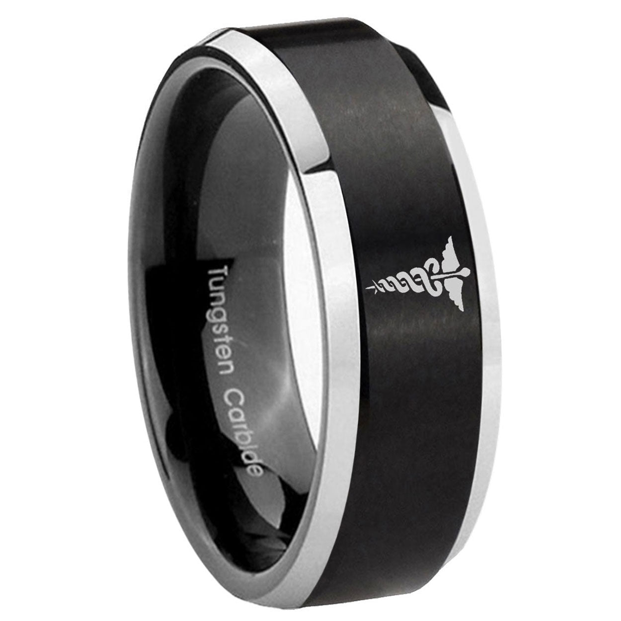 10mm Medical Symbol Beveled Brush Black 2 Tone Tungsten Mens Ring Engraved