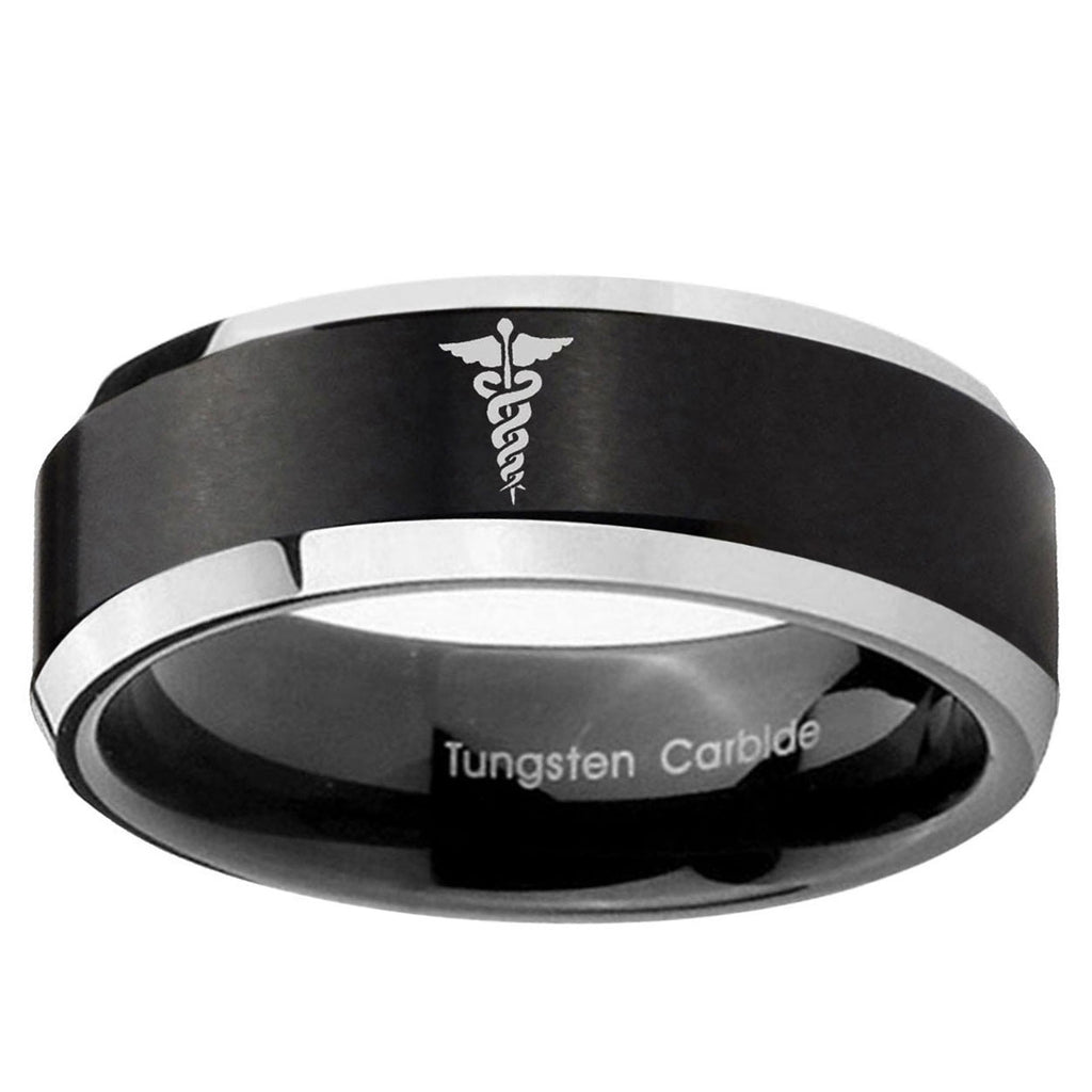 5MM Medical Symbol Beveled Two Tone Black Tungsten Ring For Men