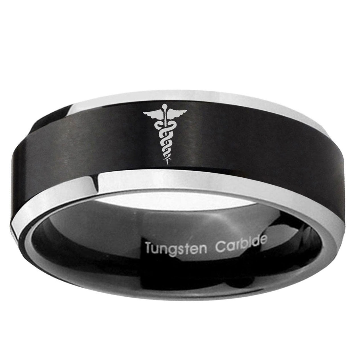 5MM Medical Symbol Beveled Two Tone Black Tungsten Ring For Men