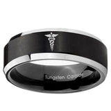 10mm Medical Symbol Beveled Brush Black 2 Tone Tungsten Ring