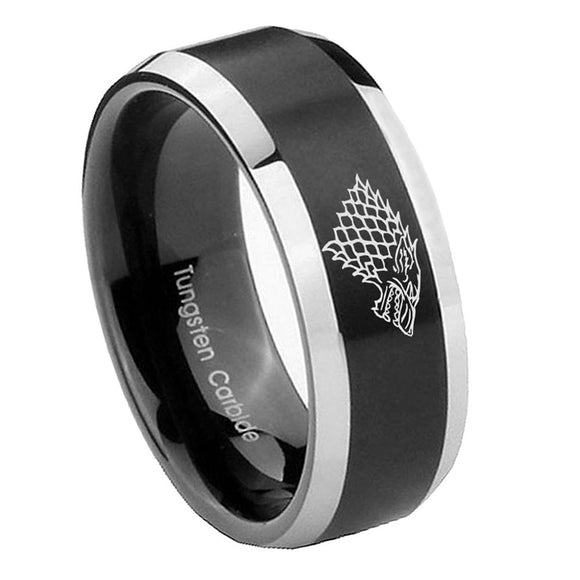 10mm-Game-Of-Thrones-House-Stark-Direwolf-Beveled-Brush-Black-2-Tone-Tungsten-Mens-Ring-Engraved