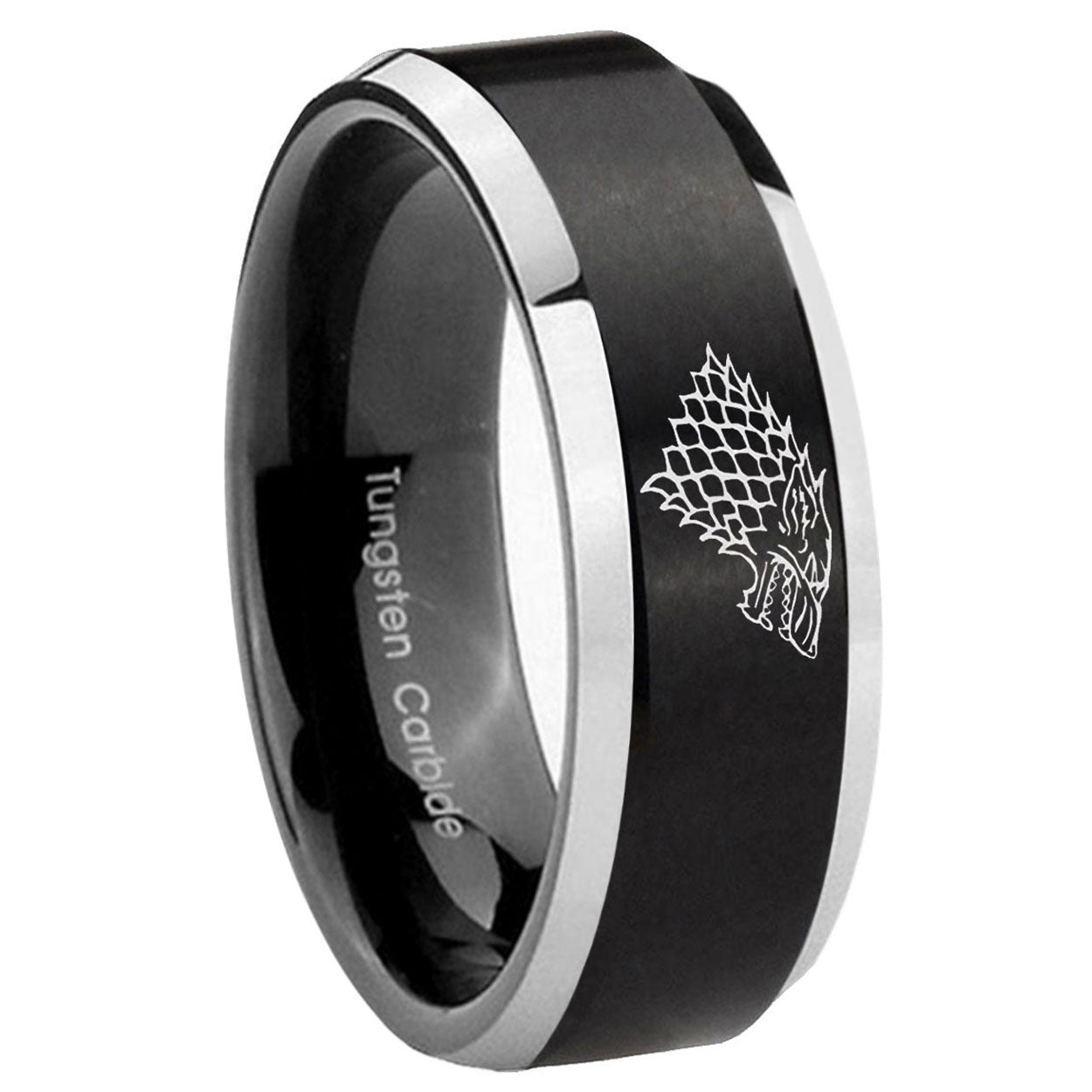 10mm Game Of Thrones House Stark Direwolf Beveled Brush Black 2 Tone Tungsten Mens Ring Engraved