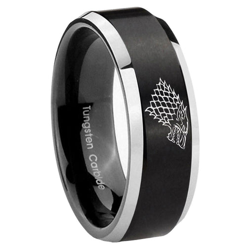 10mm Game Of Thrones House Stark Direwolf Beveled Brush Black 2 Tone Tungsten Mens Ring Engraved