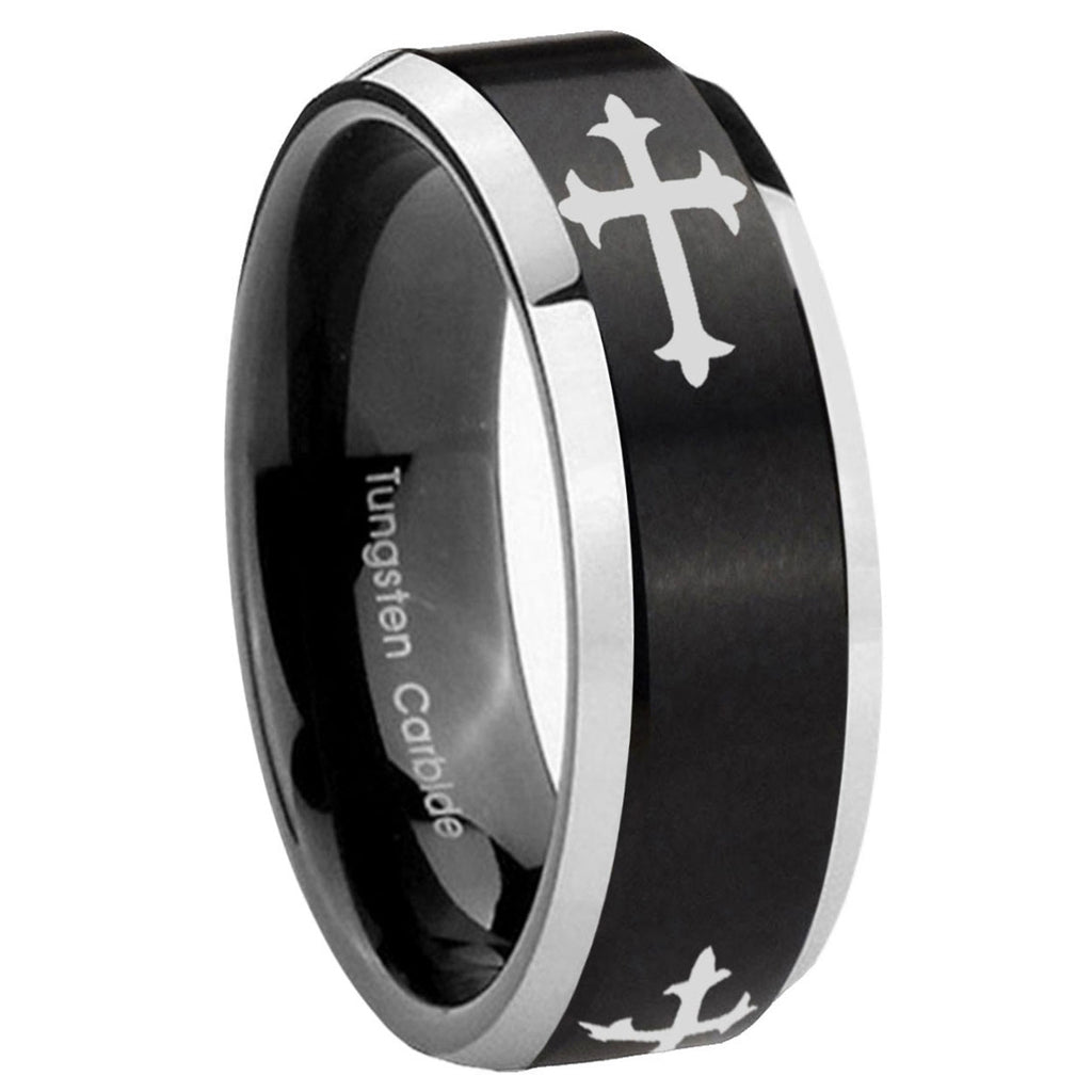 10mm Christian Cross Religious Beveled Brush Black 2 Tone Tungsten Mens Ring Engraved