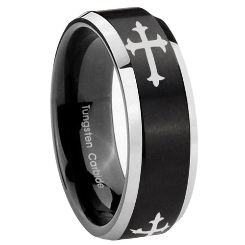 10mm Christian Cross Religious Beveled Brush Black 2 Tone Tungsten Mens Ring Engraved
