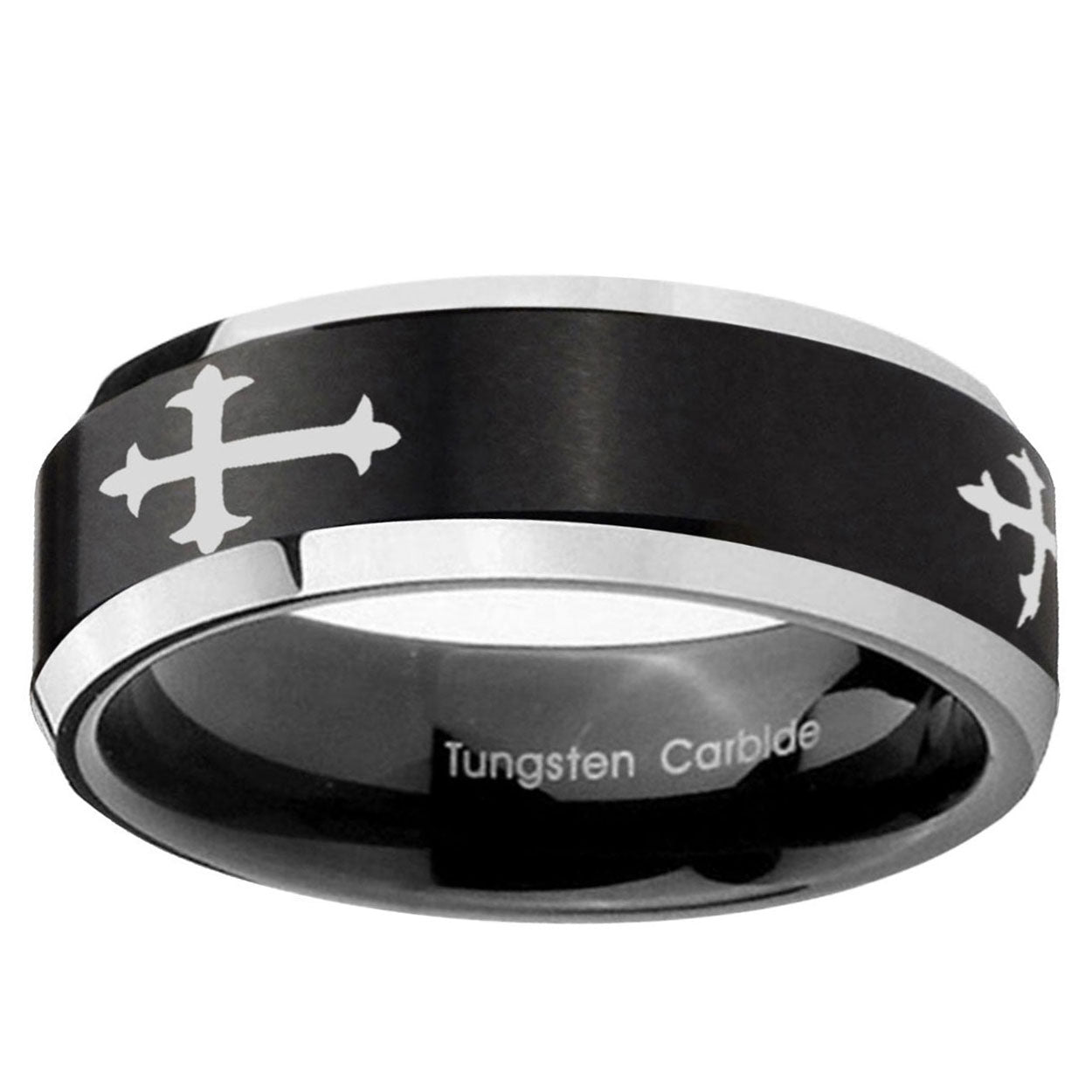 10mm Christian Cross Religious Beveled Brush Black 2 Tone Tungsten Ring