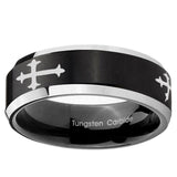 5, 8mm Christian Cross Religious Beveled Edge Brush Black 2 Tone Tungsten Rings for Men