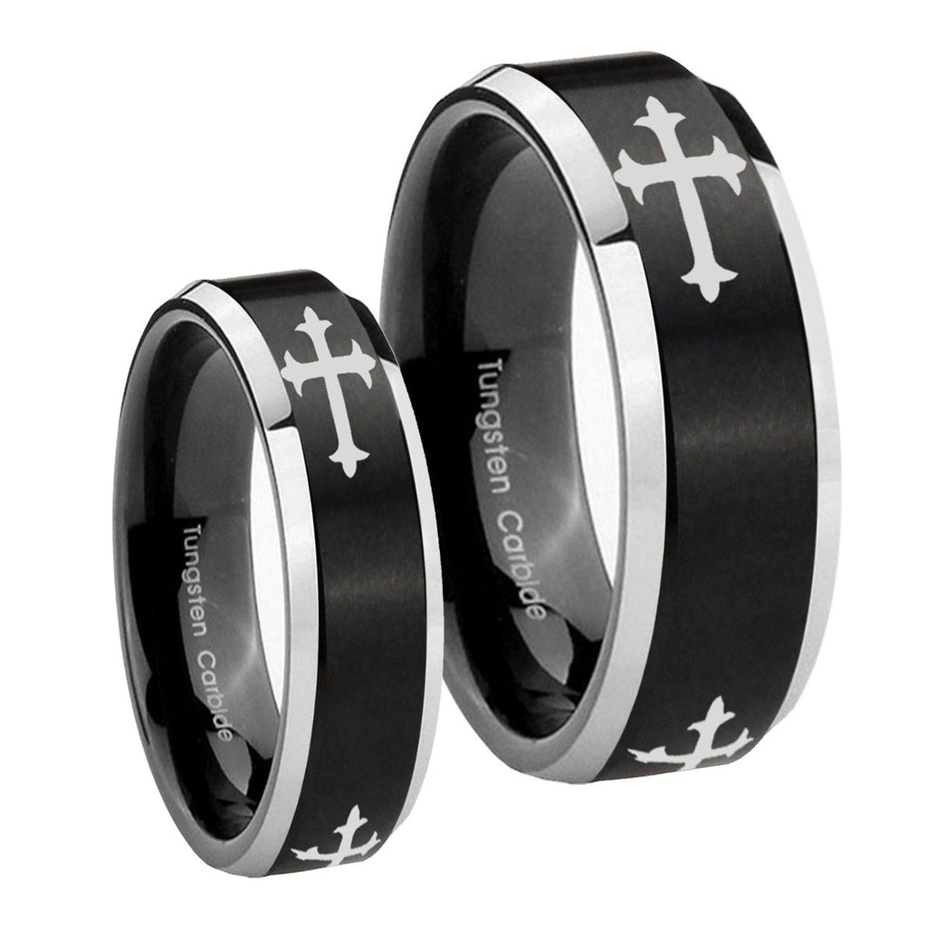 Christian Cross Religious Beveled Brush Black 2 Tone Tungsten Mens Set Ring