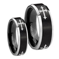 Christian Cross Religious Beveled Brush Black 2 Tone Tungsten Mens Set Ring