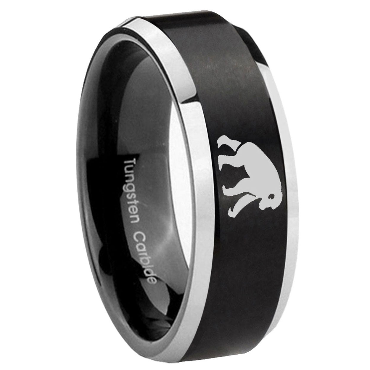 10mm Chimpanzee Beveled Brush Black 2 Tone Tungsten Mens Ring Engraved