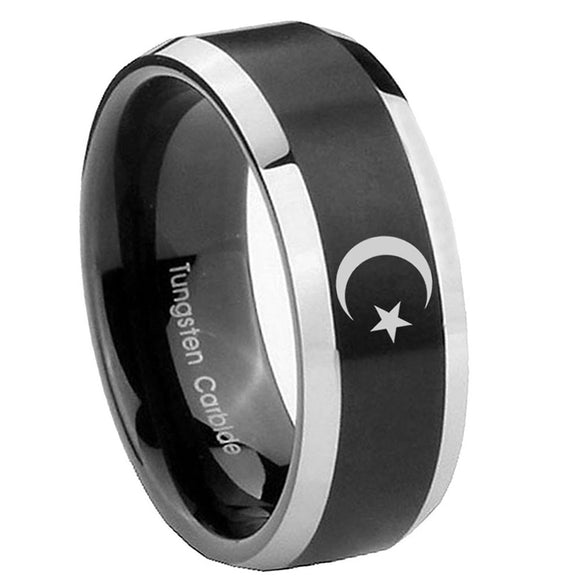8mm-Crescent-Moon-Stars-Beveled-Edges-Brush-Black-2-Tone-Tungsten-Mens-Bands-Ring
