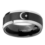 10mm-Crescent-Moon-Stars-Beveled-Brush-Black-2-Tone-Tungsten-Mens-Ring-Engraved