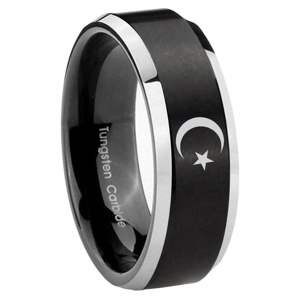 10mm Crescent Moon Stars Beveled Brush Black 2 Tone Tungsten Mens Ring Engraved