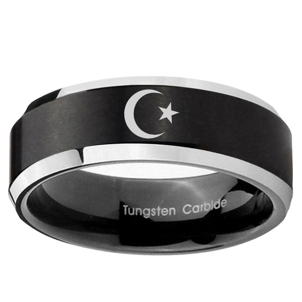 10mm Crescent Moon Stars Beveled Brush Black 2 Tone Tungsten Ring