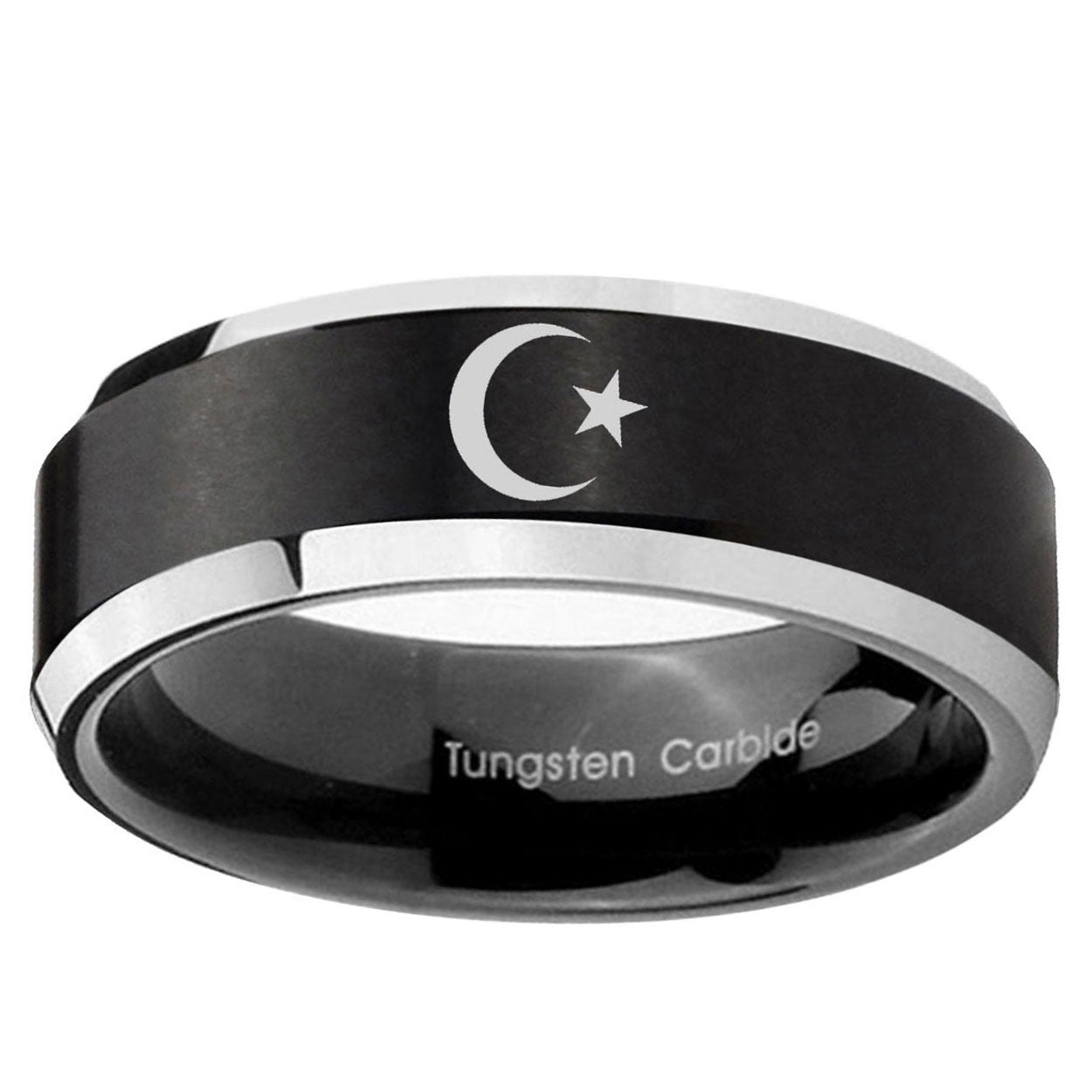 10mm Crescent Moon Stars Beveled Brush Black 2 Tone Tungsten Ring