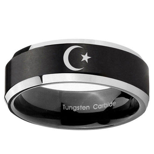 10mm Crescent Moon Stars Beveled Brush Black 2 Tone Tungsten Ring