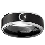 5, 8mm Crescent Moon Stars Beveled Edge Brush Black 2 ToneTungsten Ring