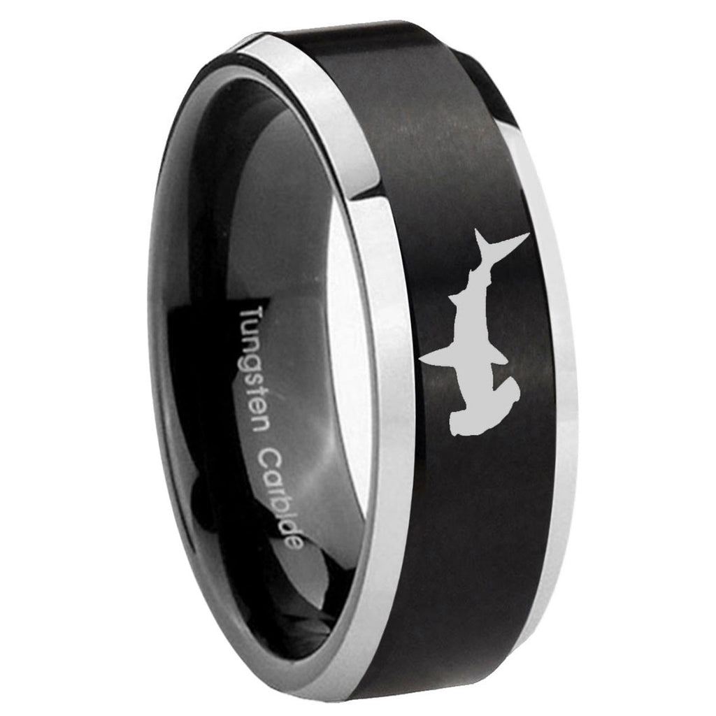 10mm Hammerhead Shark Beveled Brush Black 2 Tone Tungsten Mens Ring Engraved