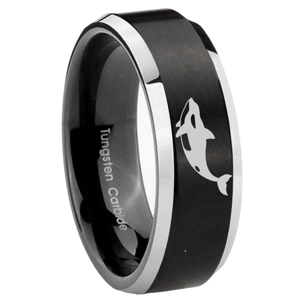 8MM Killer Whale Beveled Two Tone Black Tungsten Engravable Ring