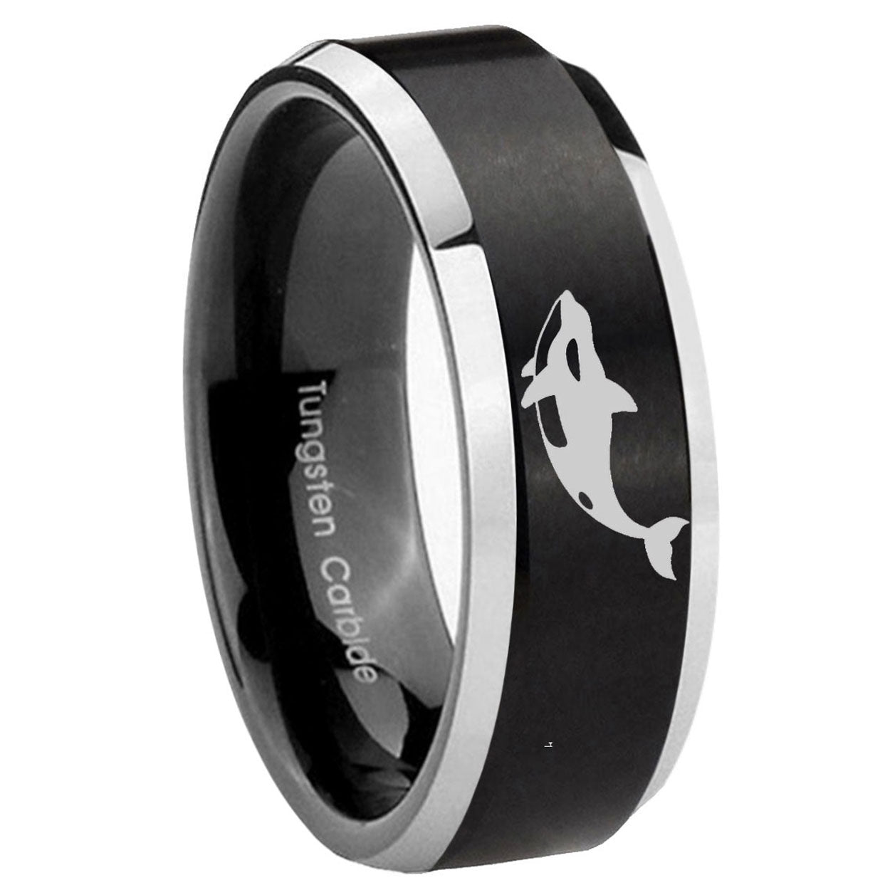 8MM Killer Whale Beveled Two Tone Black Tungsten Engravable Ring
