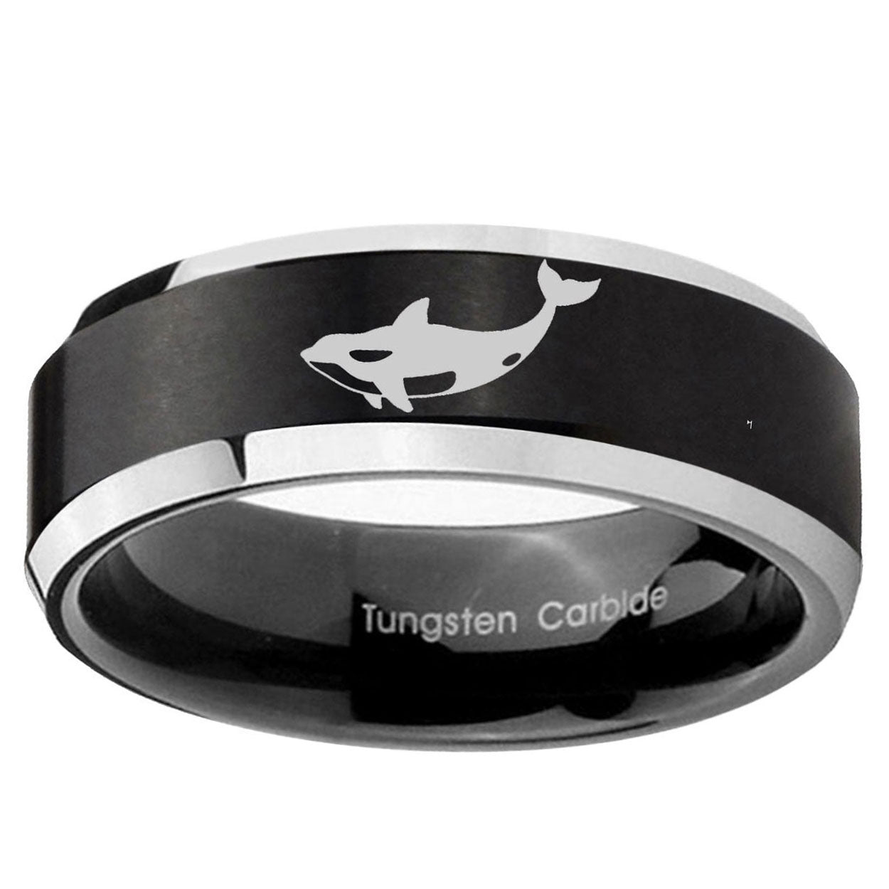 5MM Killer Whale Beveled Two Tone Black Tungsten Engravable Ring