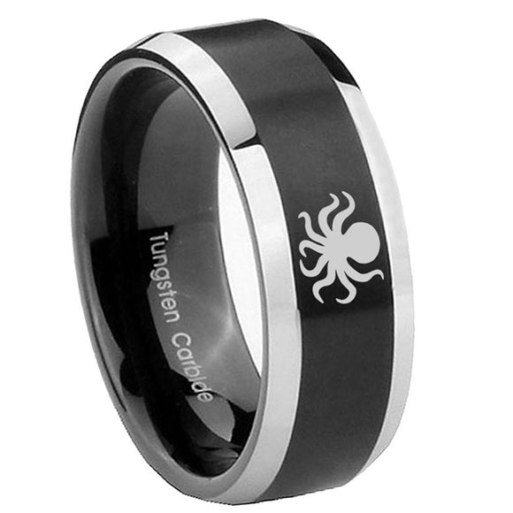10mm-Octopus-Beveled-Brush-Black-2-Tone-Tungsten-Mens-Ring-Engraved