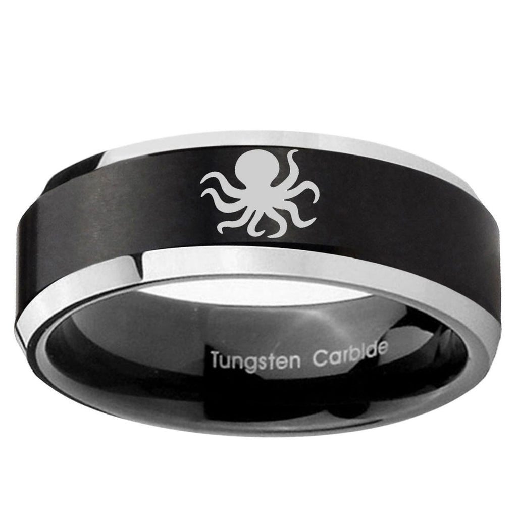 10mm Octopus Beveled Brush Black 2 Tone Tungsten Ring