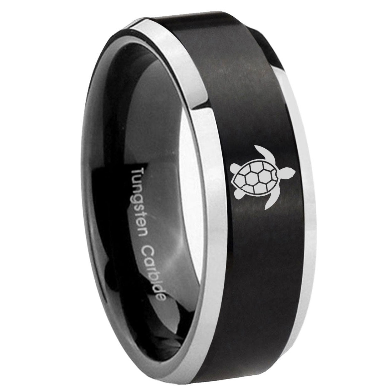 8MM Sea Turtle Beveled Two Tone Black Tungsten Mens Engagement Ring