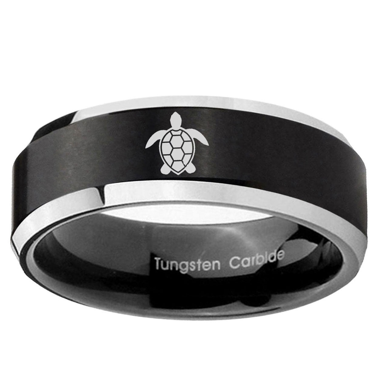 5MM Sea Turtle Beveled Two Tone Black Tungsten Mens Engagement Ring