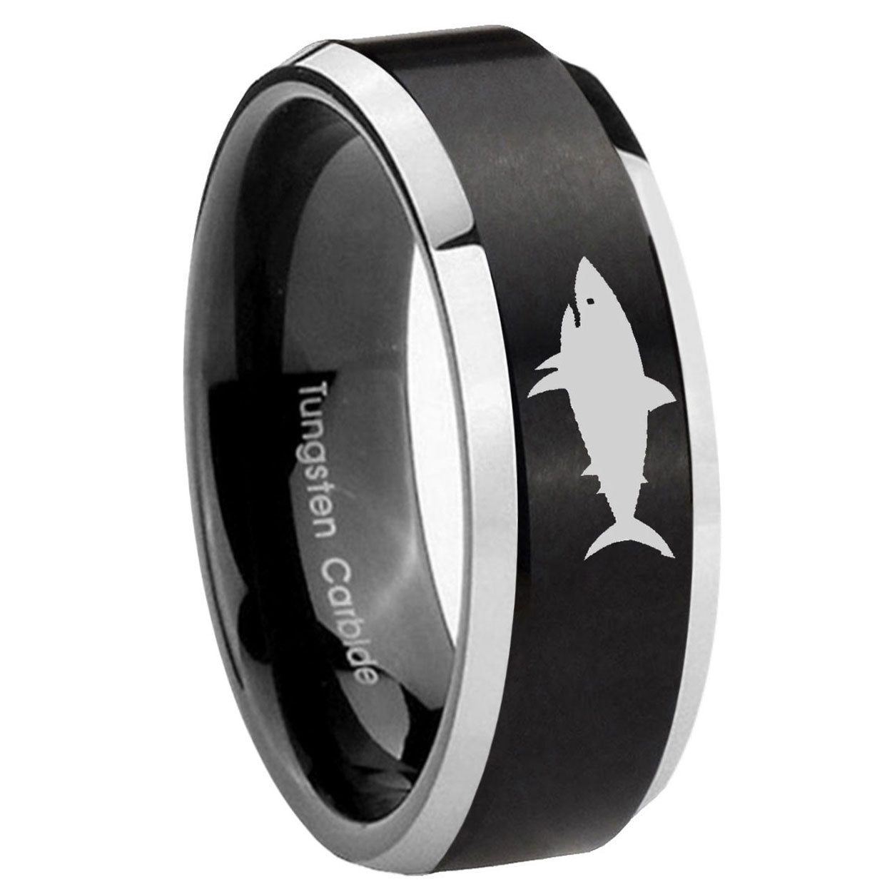 8MM Shark Beveled Two Tone Black Tungsten Wedding Rings